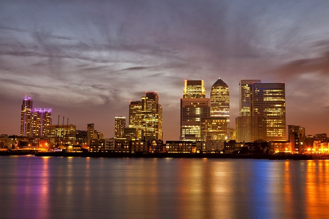 Colourful skyline of London Canary Wharf at sunset