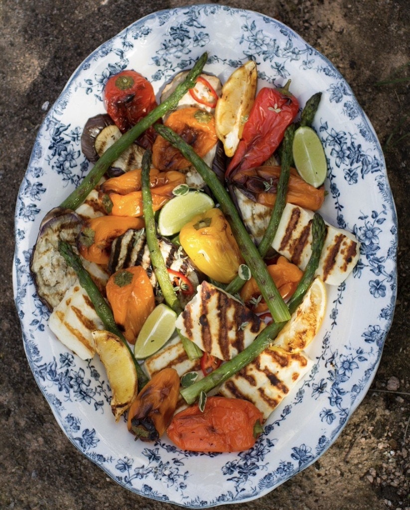 Roasted vegetable salad with barbecued halloumi